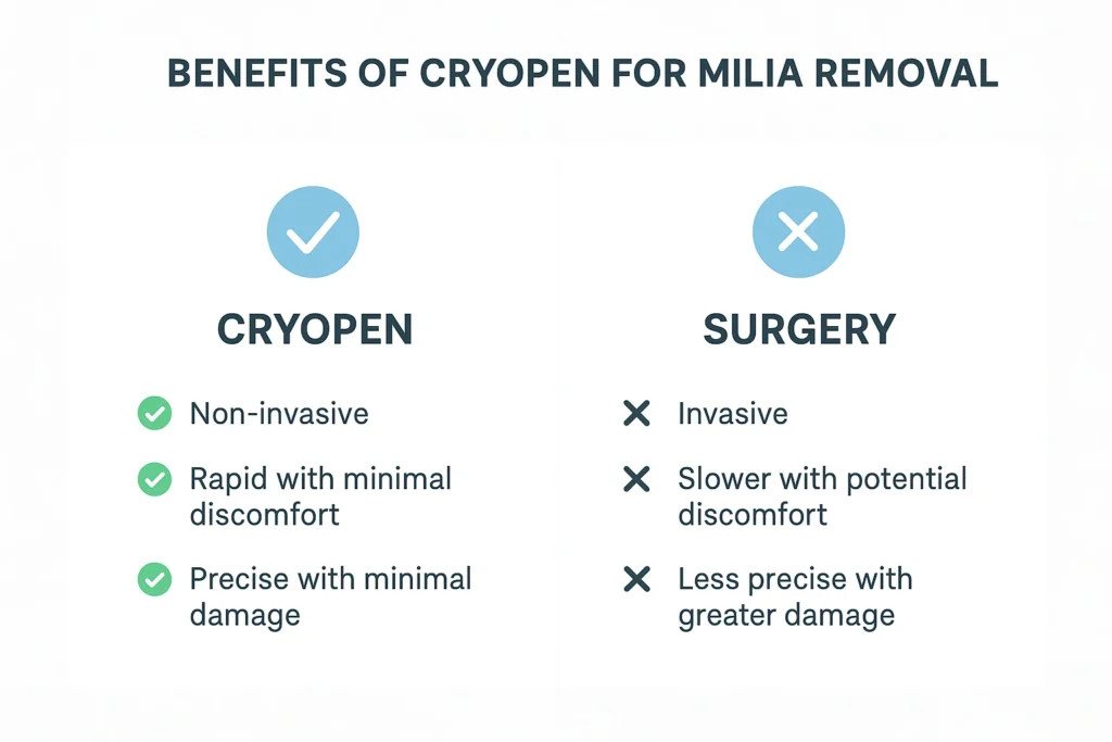 Benefits of cryopen for milia removal Cleveleys compared to surgical treatments.