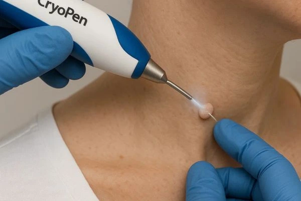 Person receiving cryotherapy Cleveleys for skin tag removal