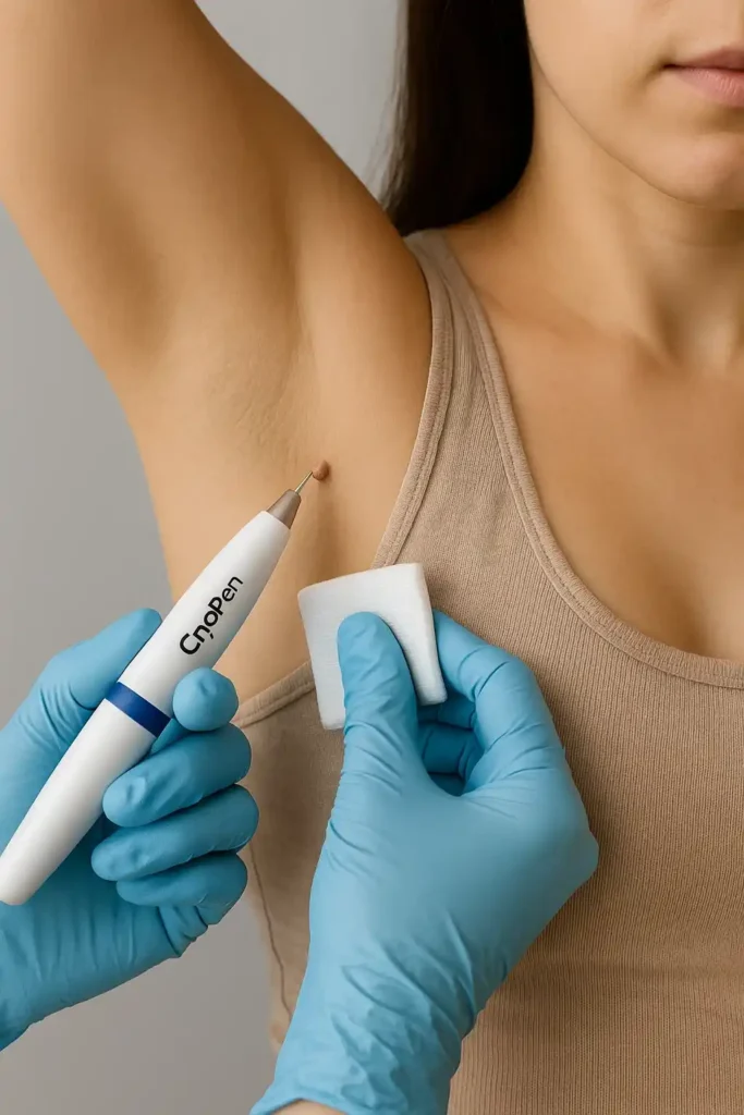 woman having cryopen to remove underarm skin tags Cleveleys