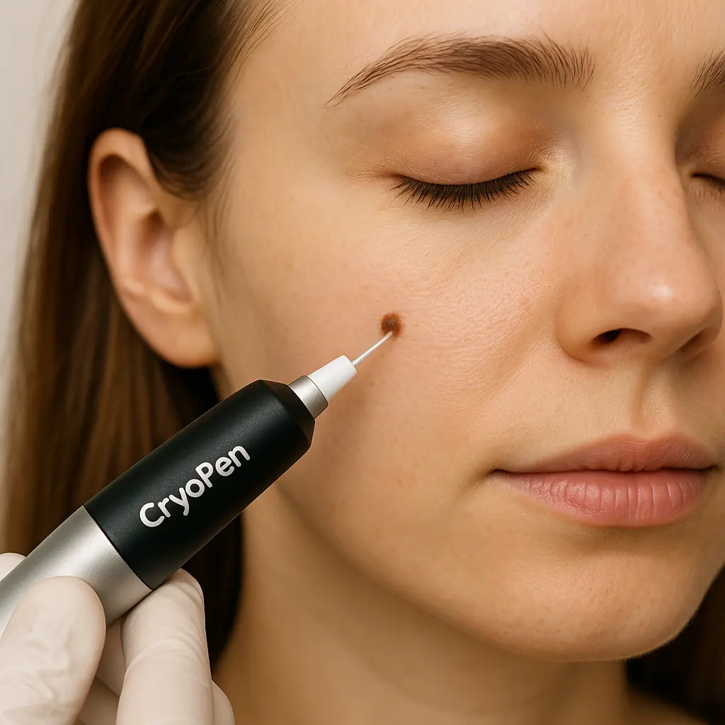 woman receiving facial mole removal Cleveleys using cryopen 