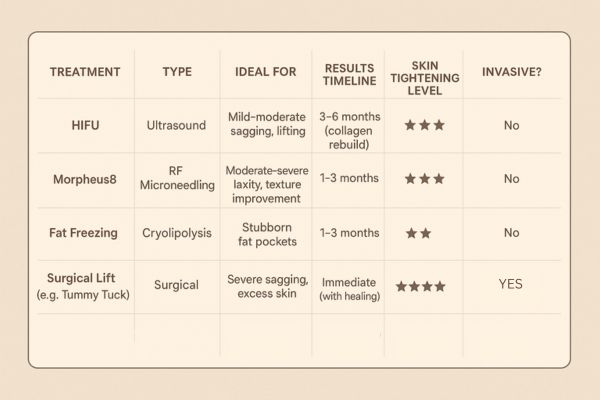 Table showing the comparisons of Skin tightening Cleveleys treatment options. 